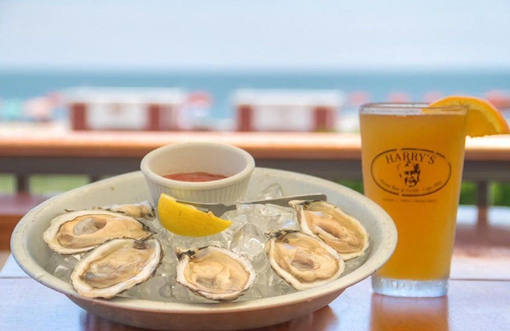 Closeup or oysters with beer at harrys restaurant cape may