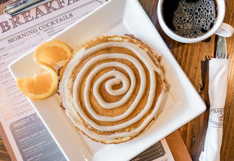 Cinnamon pancake with coffee. Harrys Restaurant
